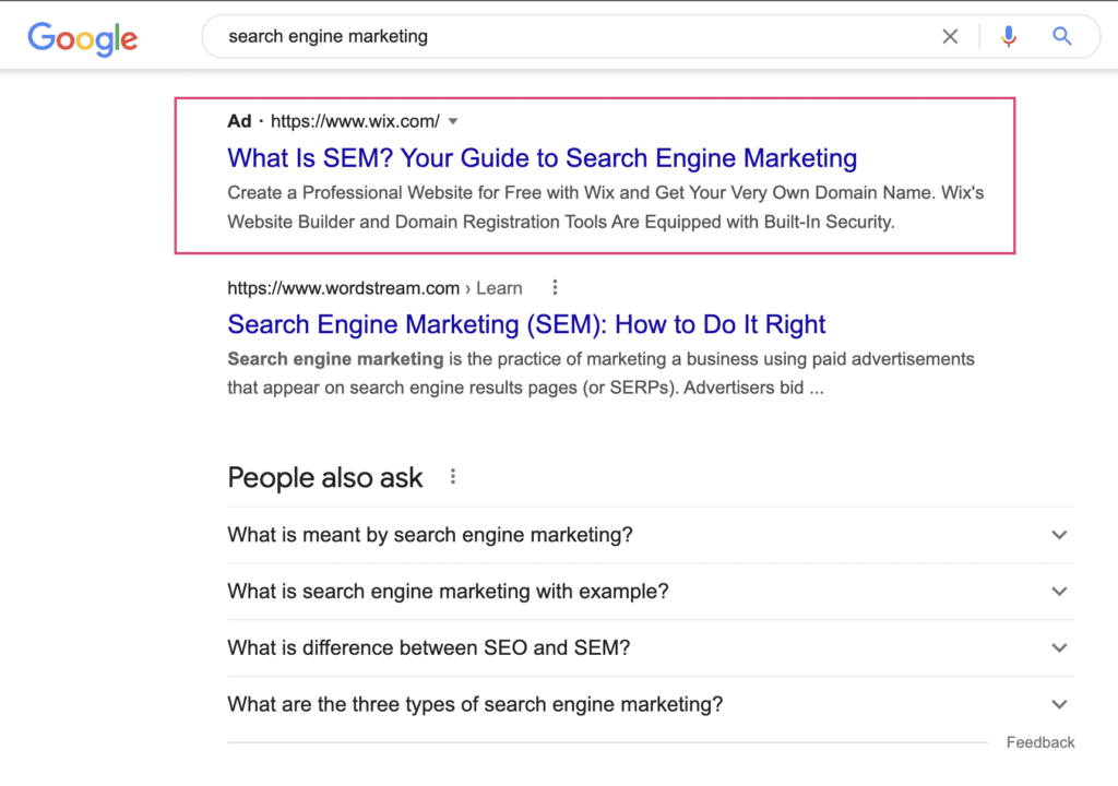 search engine marketing - paid search ad on google