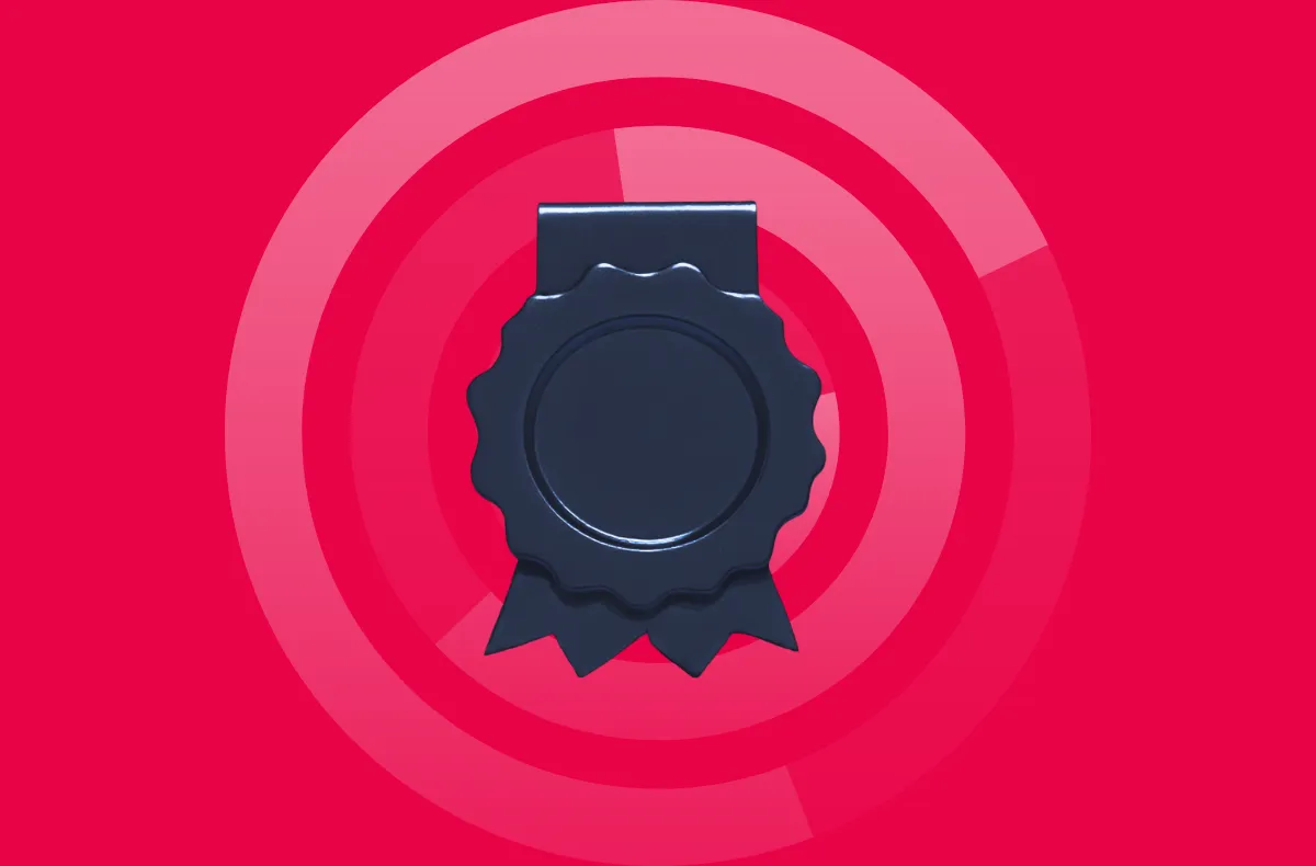 Dark blue award medal against a magenta background representing top global companies.