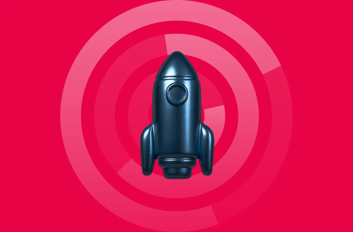 Dark blue rocket ship on an magenta background representing internet marketing company growth.
