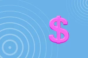Pink dollar sign on a blue background with concentric circles, symbolizing financial growth and targeted advertising, for a paid media audit guide aimed at helping Microsoft Partners increase ROI.