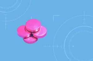 Four stacked pink coins arranged in a square on a blue background with digital interface graphics.