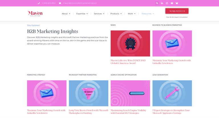 Maven Collective Marketing Insights page featuring AI-generated blog feature images created with Midjourney, showcasing a polished and on-brand look.