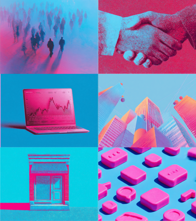 Examples of AI-generated images created with Midjourney for B2B content creation, including a laptop with data chart, abstract skyscrapers, storefront illustration, and 3D pink icon set on blue background.