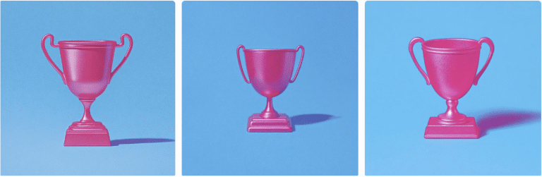 AI-generated pink trophy cup designs on blue background created with Midjourney.
