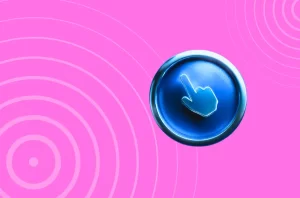 Pink background with blue metallic icon of a coin with a cursor hand.