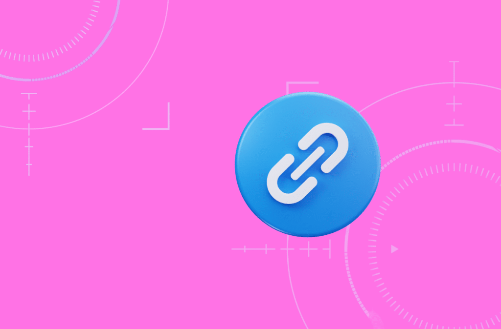 Pink background with blue icon of website link