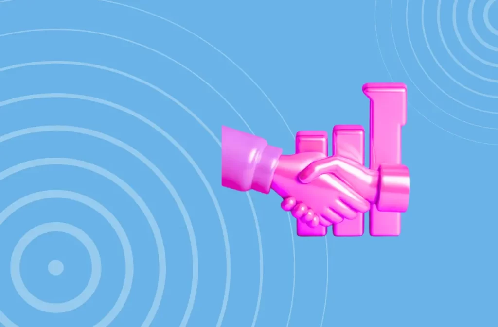 Pink icon of a bar graph going up and hands shaking in front of it to represent choosing a Microsoft Partner Marketing agency.