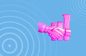 Pink icon of a bar graph going up and hands shaking in front of it to represent choosing a Microsoft Partner Marketing agency.