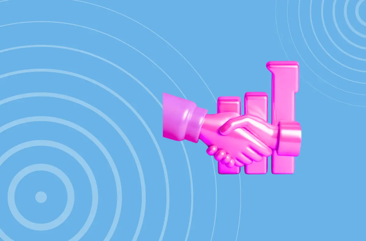 Pink icon of a bar graph going up and hands shaking in front of it to represent choosing a Microsoft Partner Marketing agency.