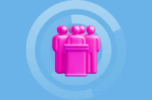 Pink icons representing a group of professionals standing behind a podium, symbolizing partner networking, collaboration, and community engagement at PartnerIn Vibe 2.0.