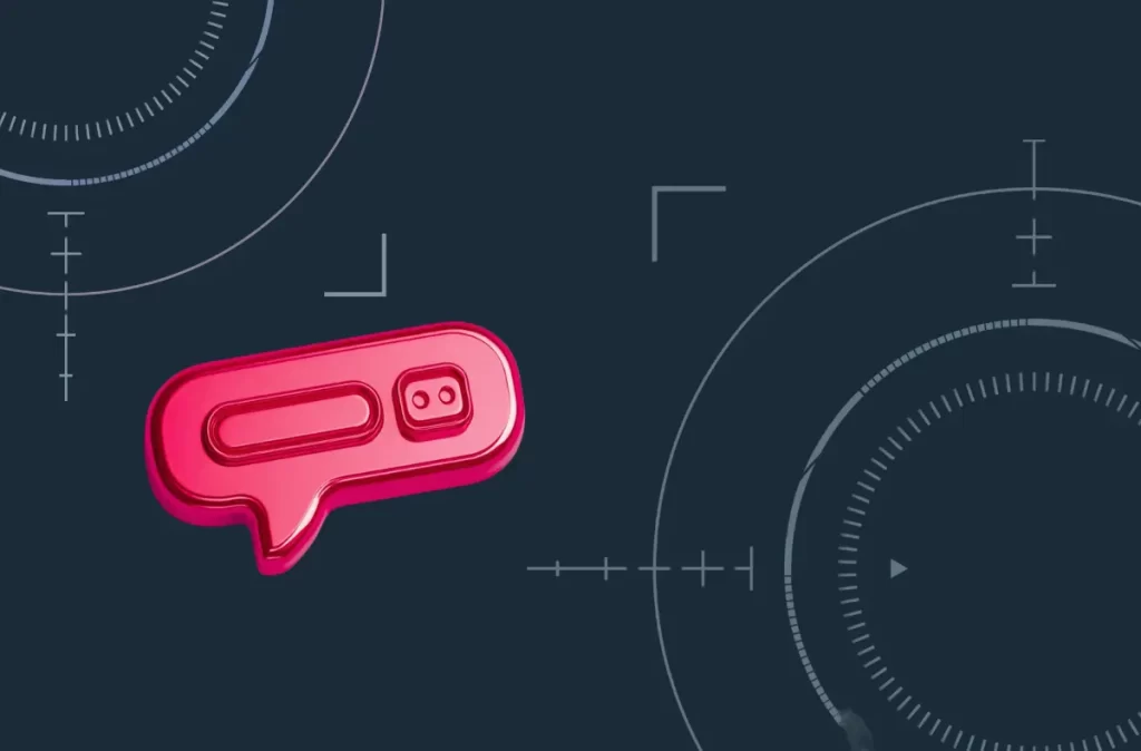 Pink conversational search icon with robot eyes outline on a digital interface background representing AI overviews and AEO for Channel Partners