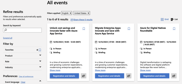 Screenshot of Microsoft event catalog events